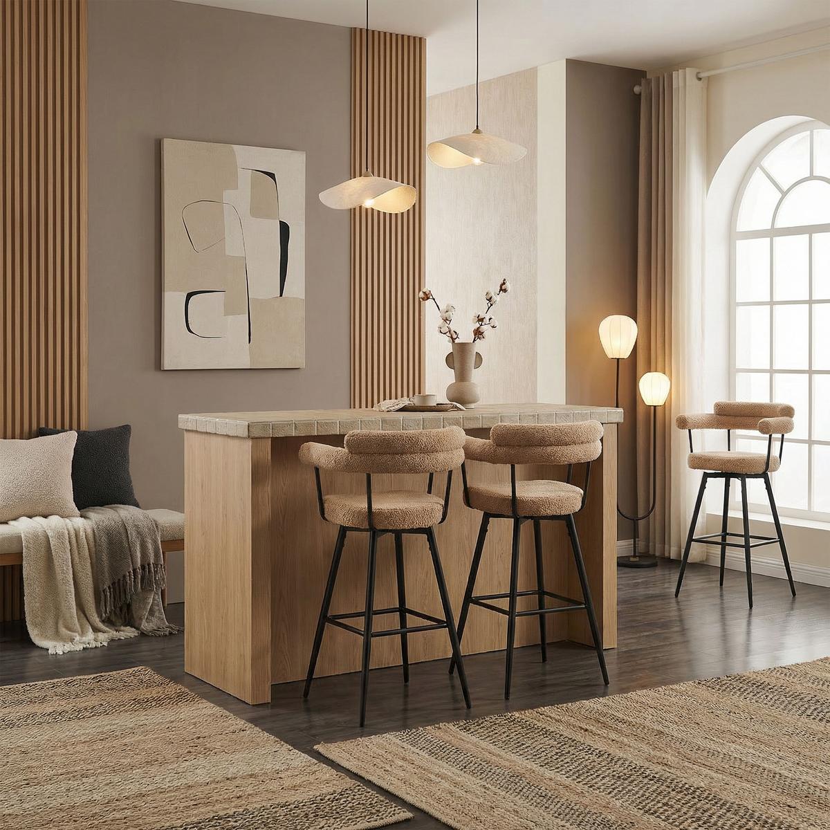 BARHOCKER 2er Set drehbar Braun mit Teddy-Stoff 76 cm hoch - Schwarz/Braun, Textil/Metall (61/103/55cm) - ML-DESIGN