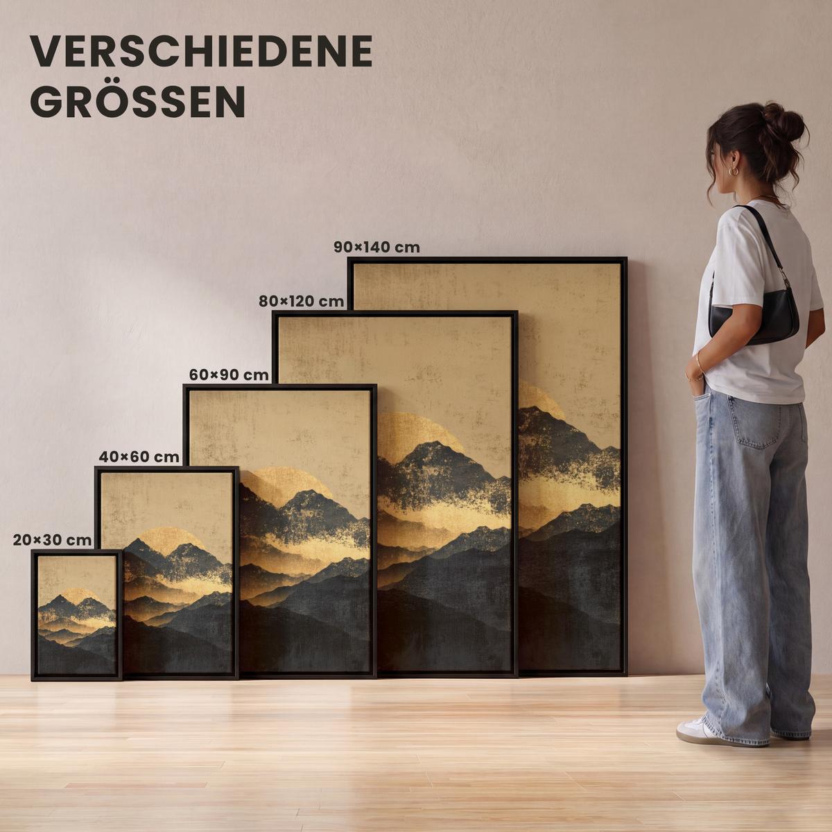 LEINWAND Bilder mit Rahmen - Goldene Berge bei Mondschein - 60x90 - Goldfarben, Textil (60/90cm) - MuchoWow