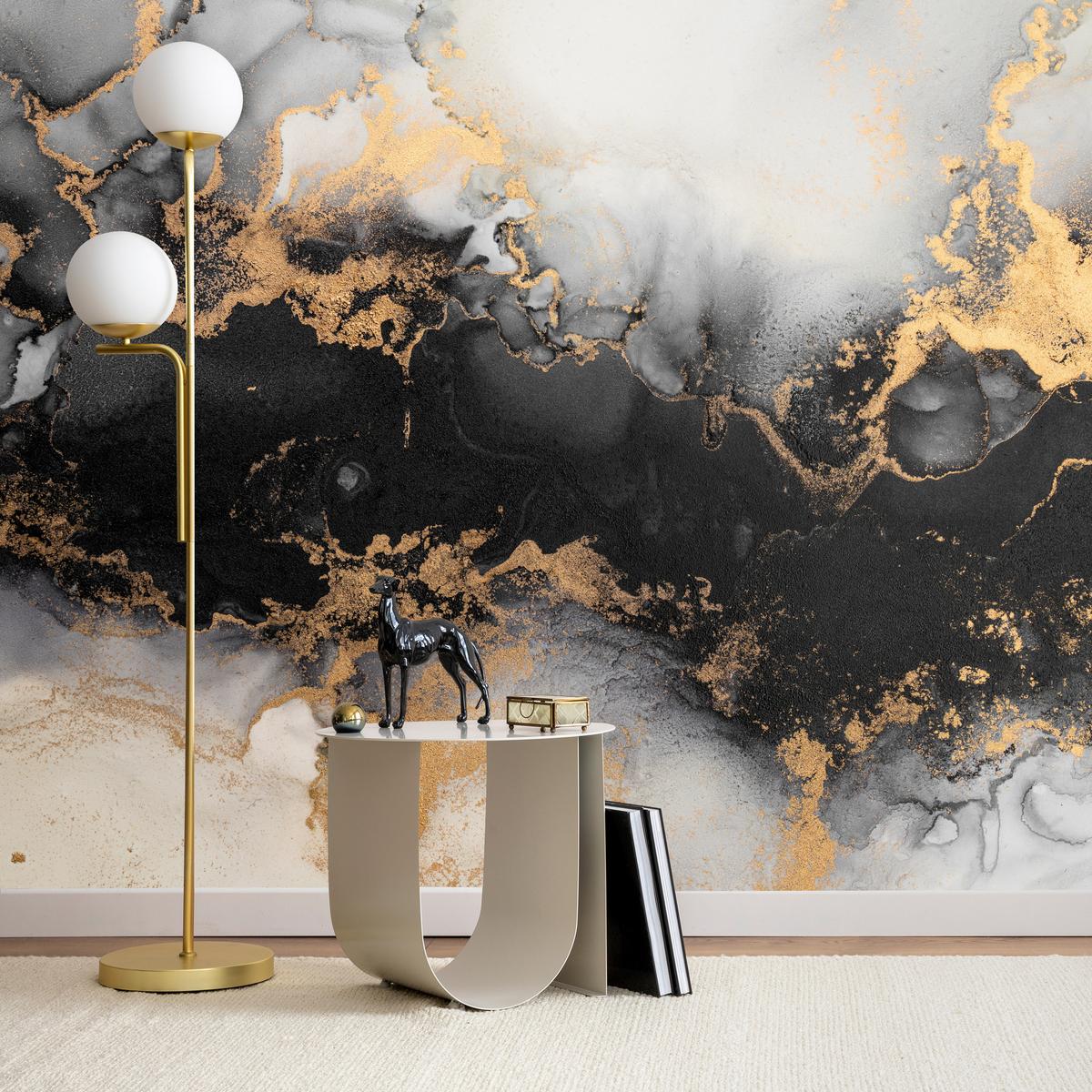 FOTOTAPETE für Wohnzimmer Marmor Klassisch Gold Akzente 150x105 - Gelb/Beige, Papier (150/105cm) - Muralo