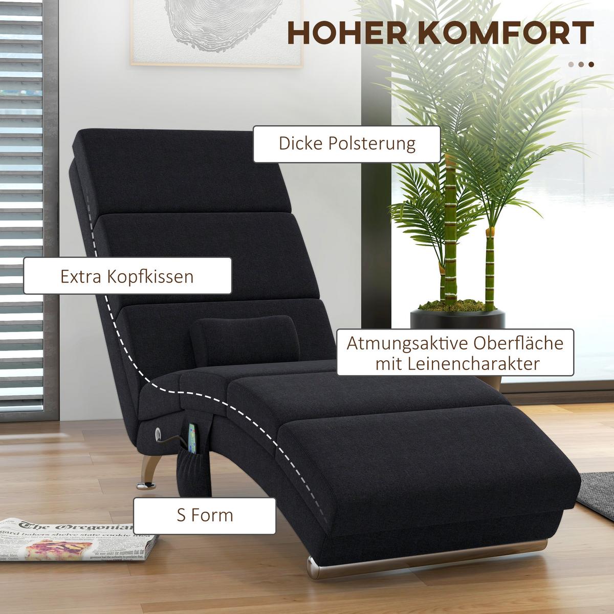 RELAXLIEGE mit 5 Massagemodi, Heizfunktion, Schwarz - Schwarz, Textil/Metall (56/84/168cm) - HOMCOM