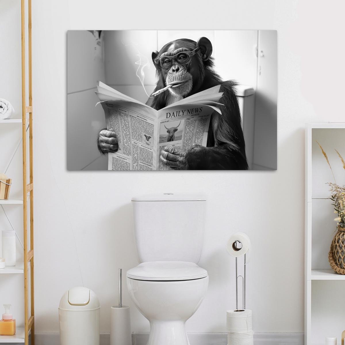 LEINWANDBILD Affe - WC - Zeitung - Schwarz-Weiß - Humor Wohnzimmer Groß 120x80 cm - Hellgrau, Textil (120/80cm) - MuchoWow