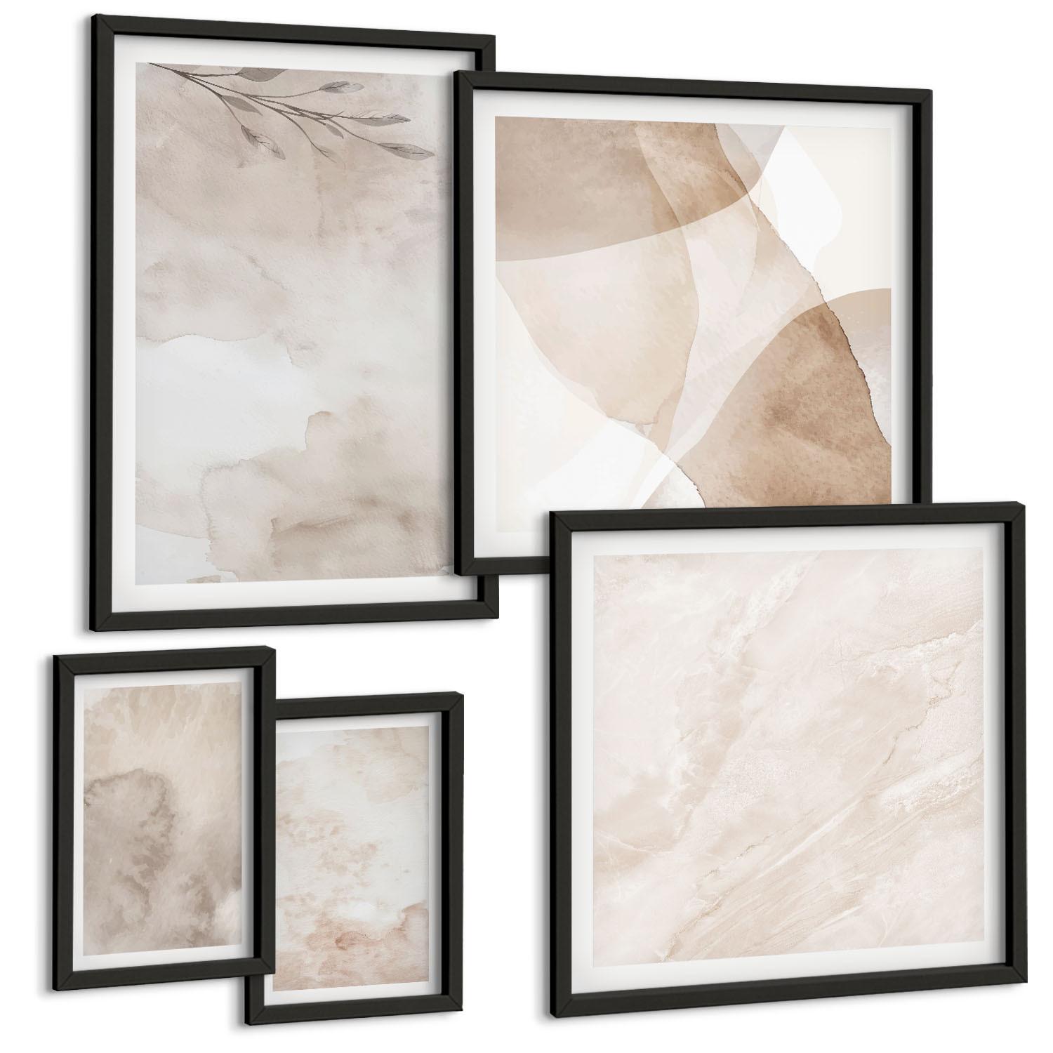 BILDER SET 5er Set - 50x50 cm & 20x30 cm & 40x60 cm Schwarzer Rahmen - Aquarellfarben, Boho-Texturen - Schwarz, Kunststoff (40/60cm) - TULUP