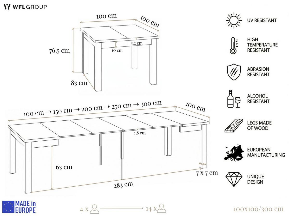 ESSTISCH Toren ausziehbar verlängerbar quadratisch, Eiche Artisan Hellbraun 100-300/100/76.5 cm - Schwarz/Eiche Artisan, Holz/Holzwerkstoff (100/300/76.5cm) - WFL GROUP