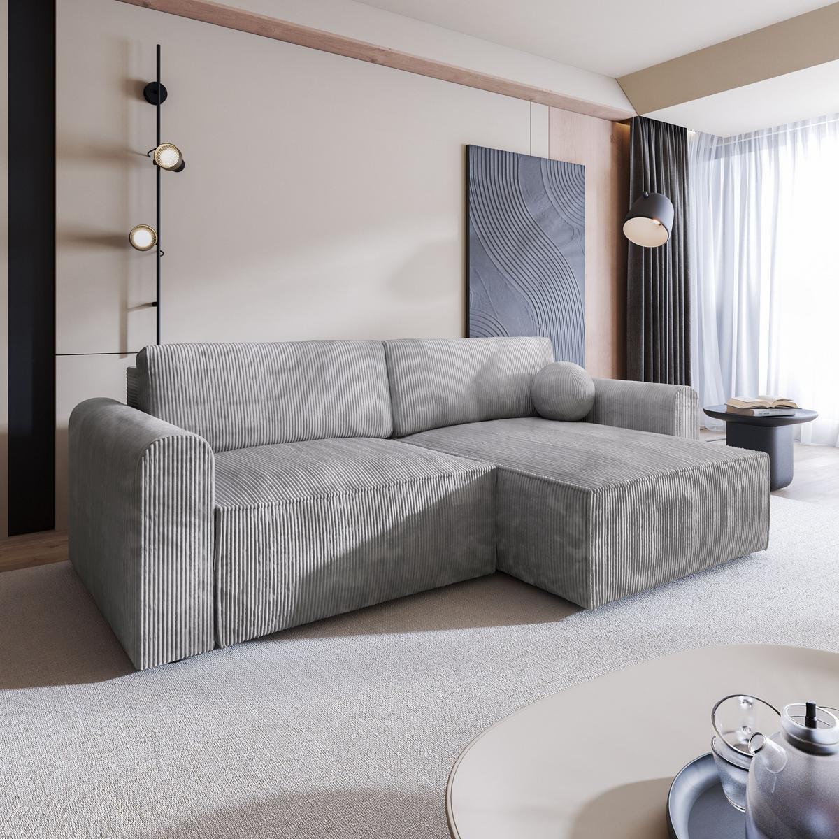 ECKSOFA FIANO P Hellgrau Kordstoff mit Schlaffunktion - Hellgrau/Grau, Holz/Kunststoff (245/148cm) - MASSENO