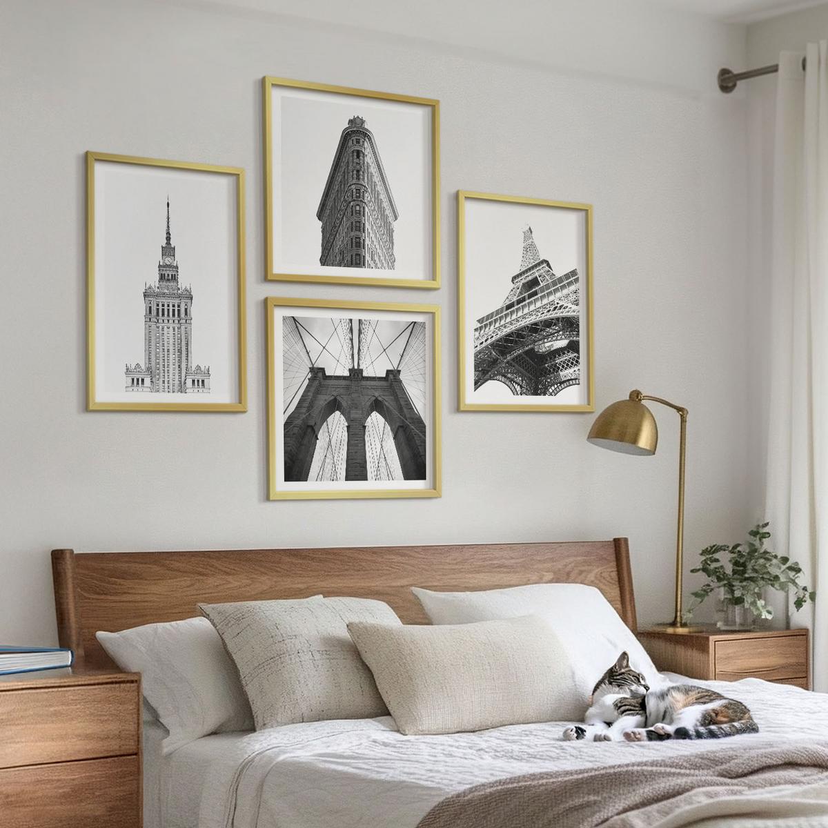 BILDER SET 4er Set - 50x50 cm & 40x60 cm Goldrahmen - Architektur Schwarz-Weiß-Minimalismus - Goldfarben, Kunststoff (50/50cm) - TULUP