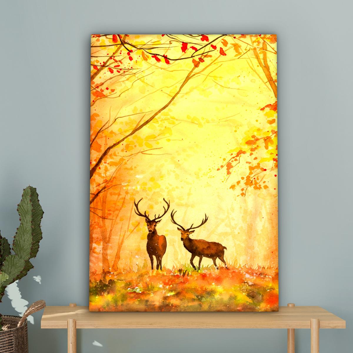 LEINWANDBILD Natur - Ölfarbe - Hirsche - Tiere - Herbst - Orange Wanddeko Schlafzimmer 60x90 cm - Orange, Textil (60/90cm) - MuchoWow