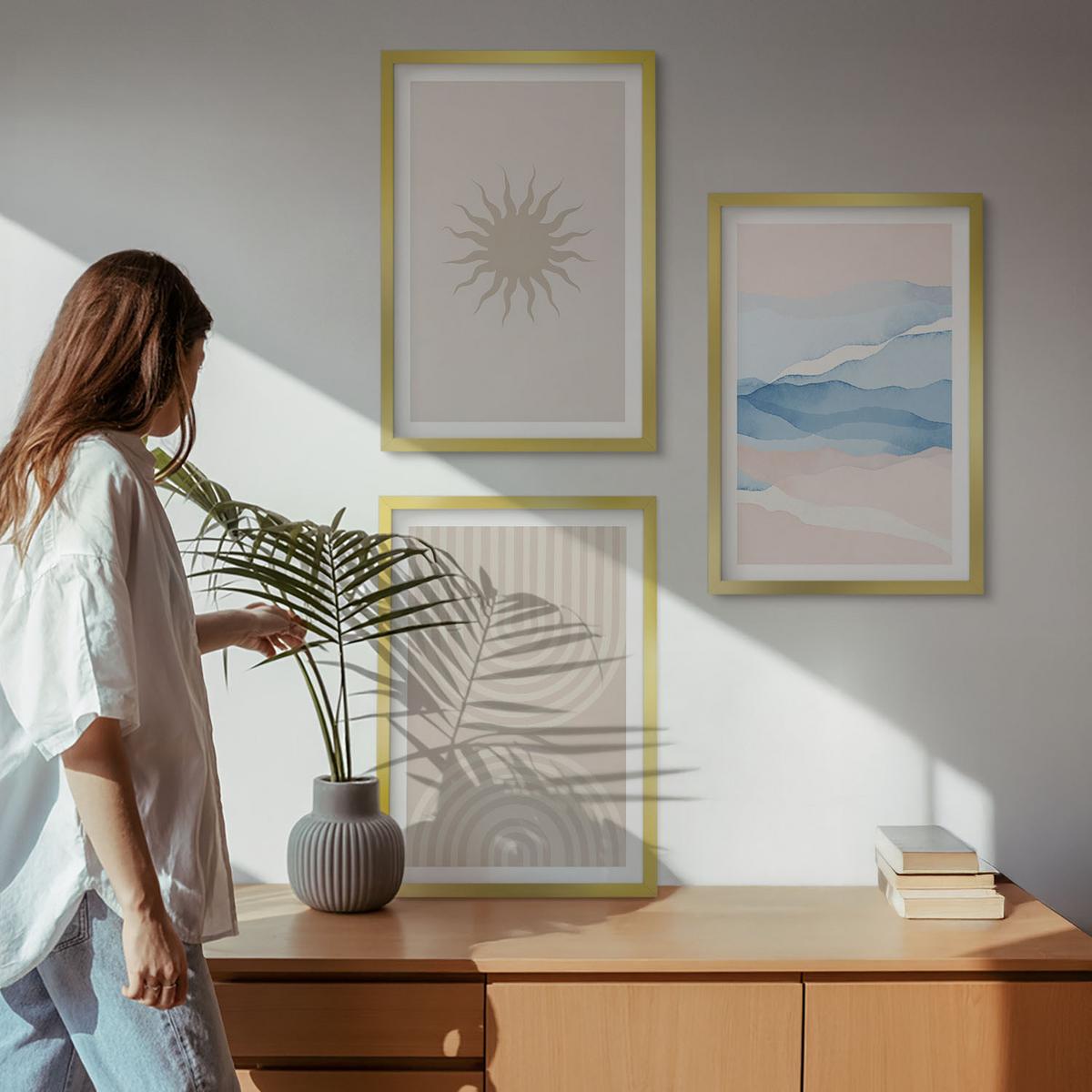 BILDER SET 3er Set - 40x60 cm Goldrahmen - Sonnenwellen abstrakte Linien Pastell - Goldfarben, Kunststoff (40/60cm) - TULUP