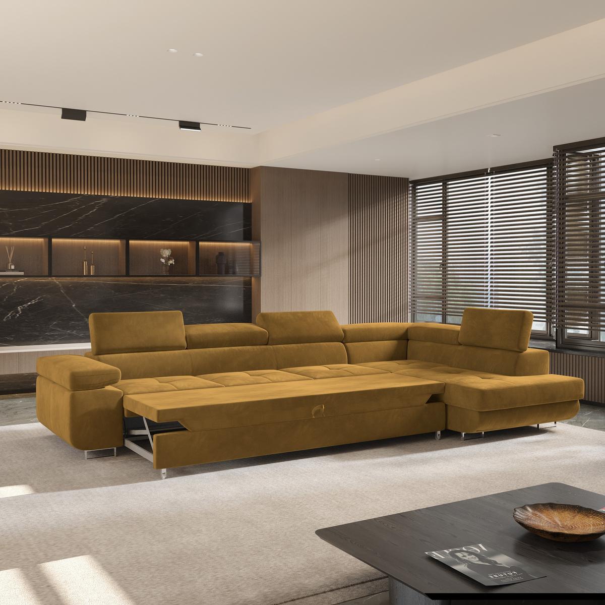 ECKSOFA VICENTE Gelb Velours-Stoff mit Schlaffunktion - Gelb, Holz (346/202cm) - MASSENO