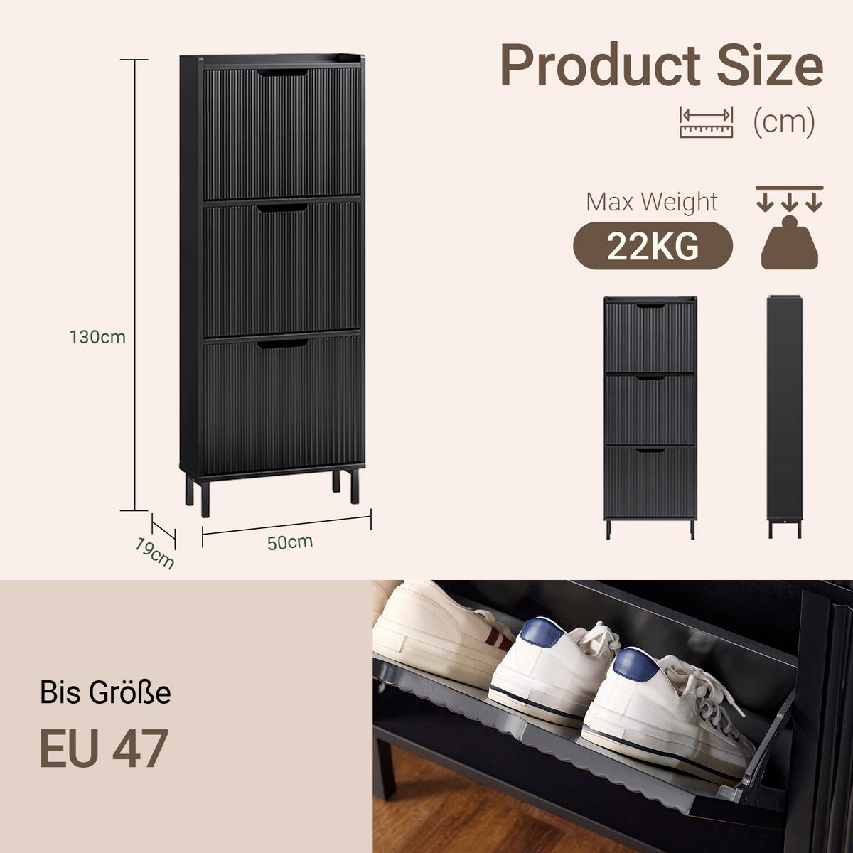 SCHUHSCHRANK schwarz, 130 cm hoch, nur 19 cm tief, 3 Klappen für 6 Paar, Lamellenfront, erweiterbar, für Flur & Diele - Schwarz, Holzwerkstoff/Metall (50/130/19cm) - SoBuy