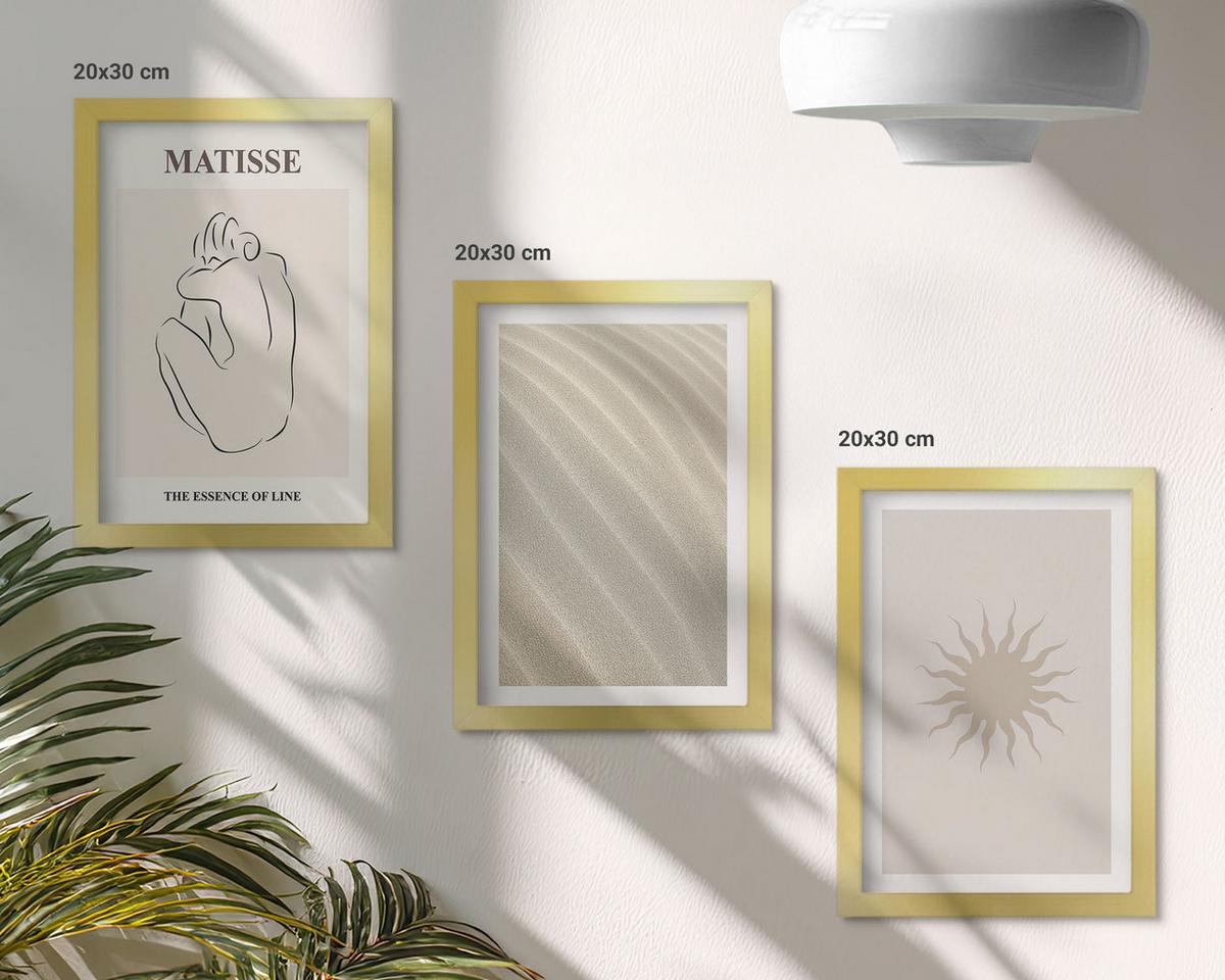 BILDER SET 3er Set - 20x30 cm Goldrahmen - Minimalistische Sandlinien Sonne - Goldfarben, Kunststoff (20/30cm) - TULUP