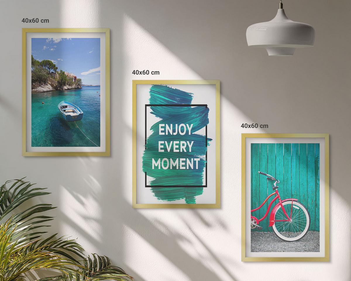 BILDER SET 3er Set - 40x60 cm Goldrahmen - Inspiration für ein Fahrrad mit Seeboot - Goldfarben, Kunststoff (40/60cm) - TULUP