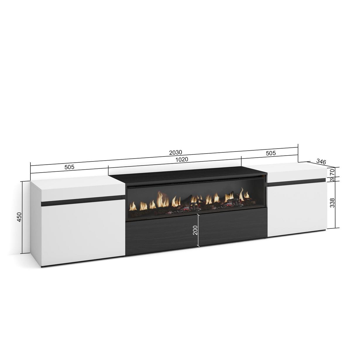 LOWBOARD mit Elektrokamin, Weiß, Schwarz, 200/35/45cm - Schwarz/Weiß, Holzwerkstoff (200/45/35cm) - Skraut Home