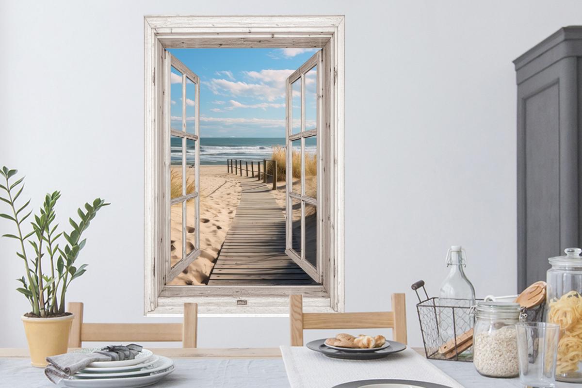 WANDTATTOO Fenster - Meer - Küste - Natur - Ausblick - Strand - Wattenmeer Wandaufkleber 80x120 cm - Beige, Kunststoff (80/120/0.1cm) - MuchoWow