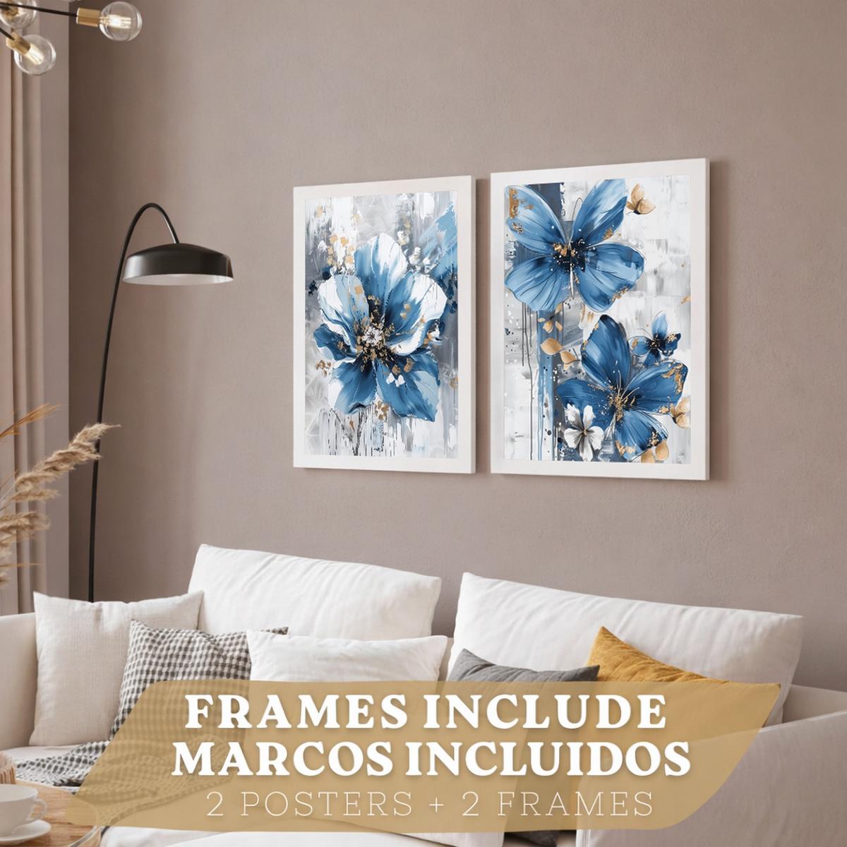 POSTER 2er-Set Wandbilder Blumen Blau Braun modern Wohnzimmer Deko, Schlafzimmer, Küche, Badezimmer Weißer Rahmen A3 - Weiß, Papier (29.7/1/42cm) - Nacnic