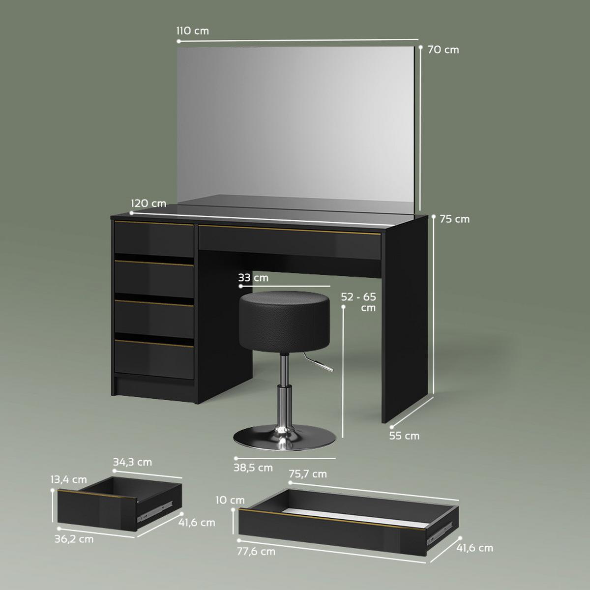 SCHMINKTISCH-SET Imola Schwarz/Gold 120 cm mit Hocker - Goldfarben/Schwarz, Holzwerkstoff (120/75/55cm) - Livinity®