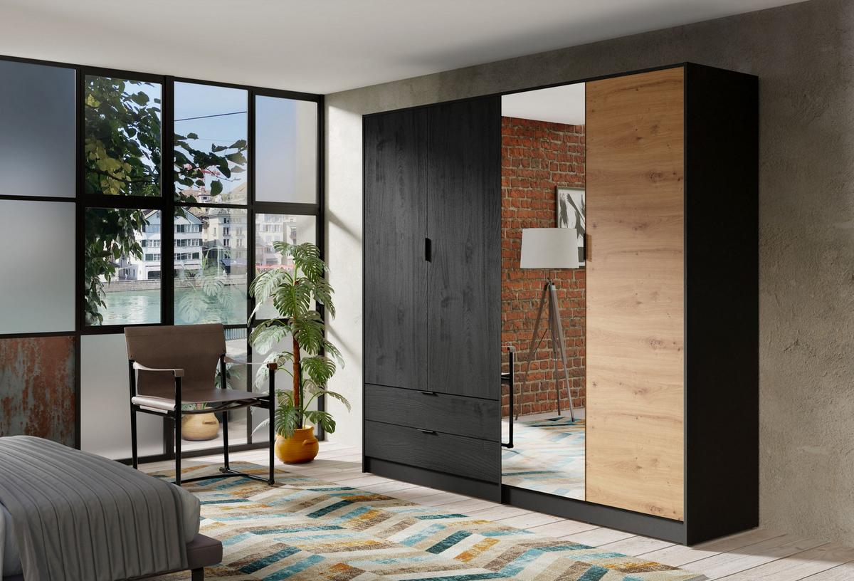 DREHTÜRENSCHRANK ZETRAL 220,2/203/54cm 4-türig mit Spiegel Schwarz - Schwarz/Eiche Artisan, Holzwerkstoff (220.2/203/54cm) - MASSENO