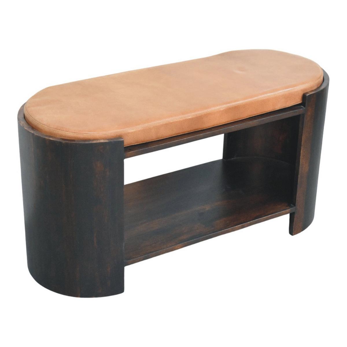 SITZBANK mit Samt-Mokka-Finish, 1 offene Ablage, Bezug aus echtem Leder, dunkelbraun - Dunkelbraun/Braun, Leder/Holz (90/44/35cm) - Artisan Furniture
