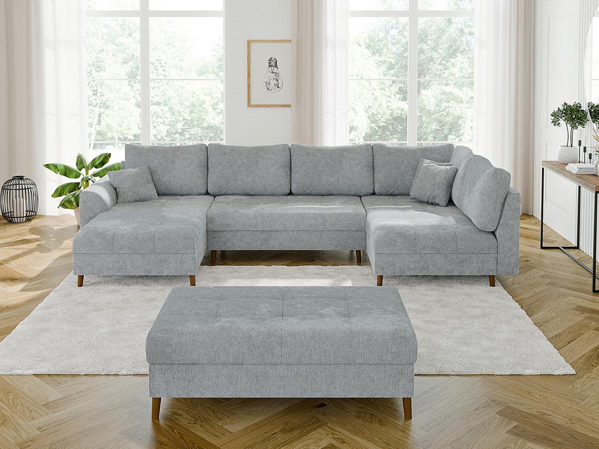 WOHNLANDSCHAFT inkl. Hocker Sigurd Hellgrau Chenille - Hellgrau/Braun, Holz/Textil (310/81/161cm) - S-Style
