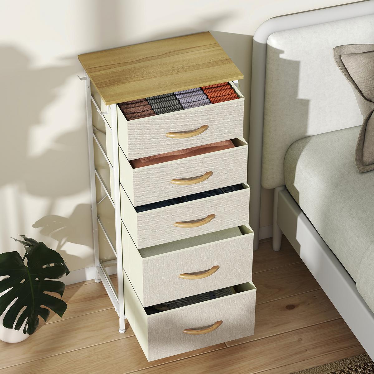 KOMMODE mit 5 Schubladen aus Vliesstoff Beige - Beige/Naturfarben, Holz/Textil (30/94.5/45cm) - HOMCOM