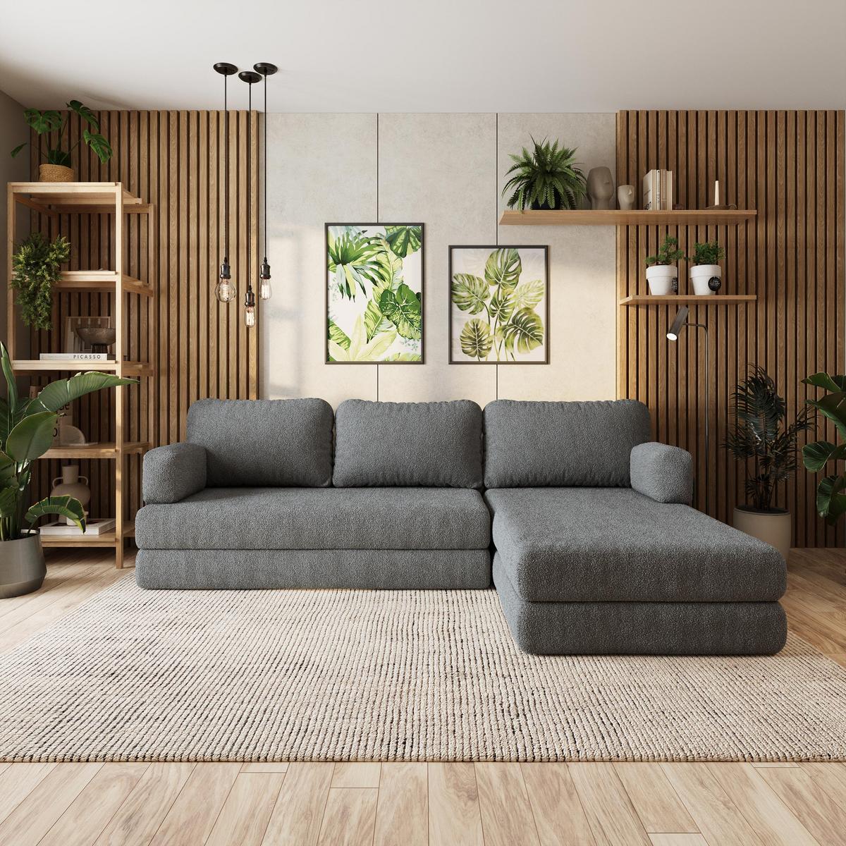 ECKSOFA LEA modulares Boneless Sofa mit Schlaffunktion Grau Boucle-Stoff - Grau, Textil (270/160cm) - MASSENO