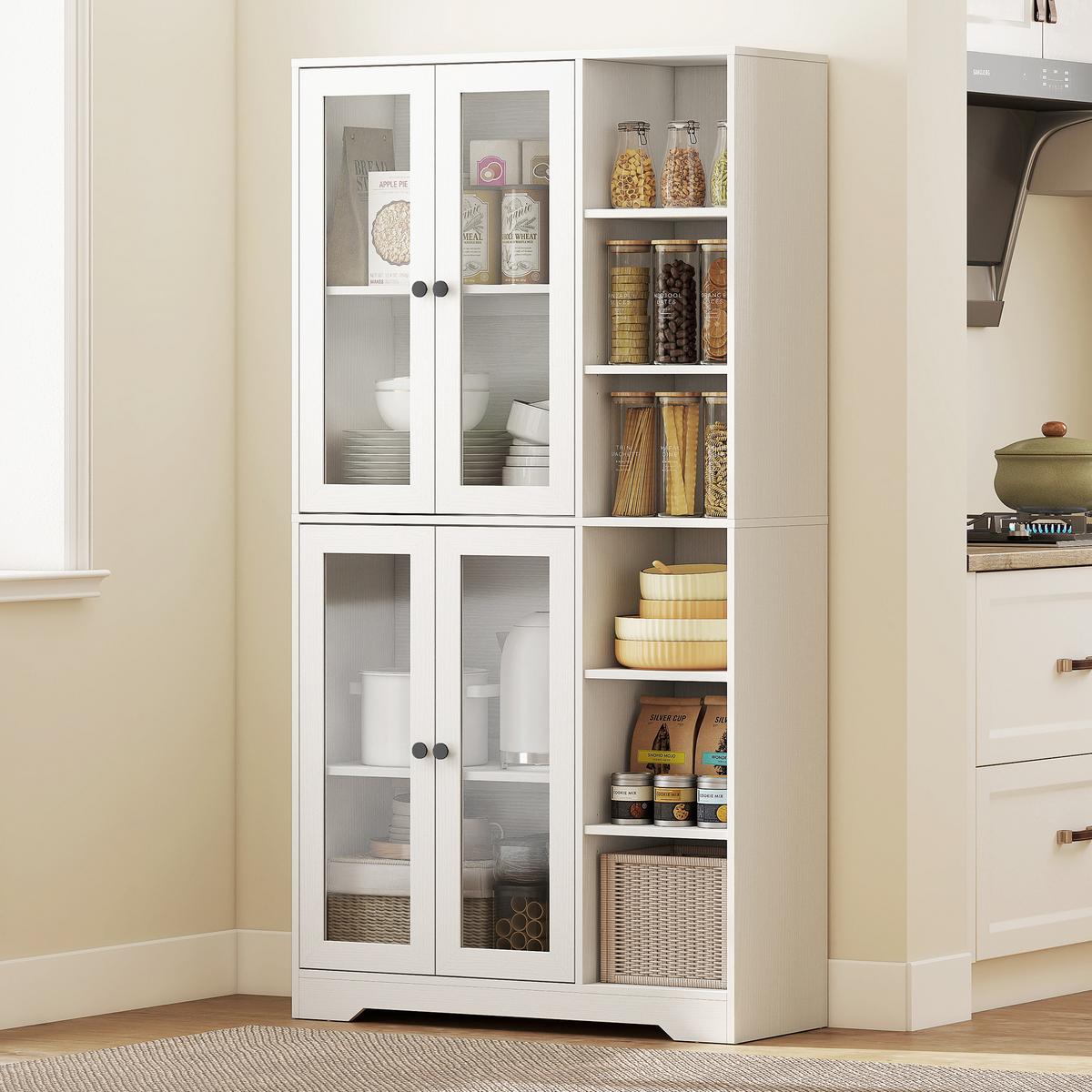 KÜCHENSCHRANK Buffetschrank mit 4 Soft-Close-Glastüren 6 offenen Fächern Weiß - Schwarz/Weiß, Holzwerkstoff/Metall (35/172/90cm) - HOMCOM