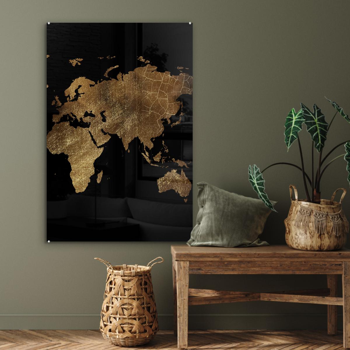 ACRYLGLASBILD Weltkarte - Gold - Luxus - Erde - Schwarz 80x120 cm - Goldfarben, Glas (80/120cm) - MuchoWow