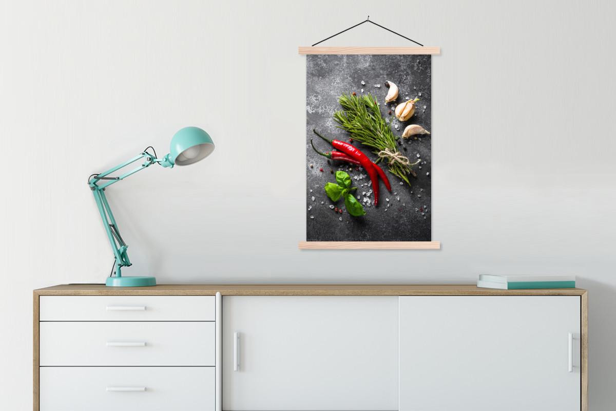 POSTER MIT MAGNETLEISTEN Pfeffer - Kräuter - Gewürze - Beton Wandbild Schlafzimmer 60x90 cm - Dunkelgrau, Textil (60/90/0.15cm) - MuchoWow
