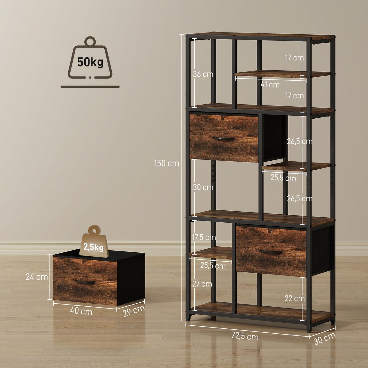 STANDREGAL mit 2 Stoffschubladen 9 offenen Fächern Braun - Dunkelbraun/Schwarz, Holzwerkstoff/Metall (30/150/72.5cm) - HOMCOM