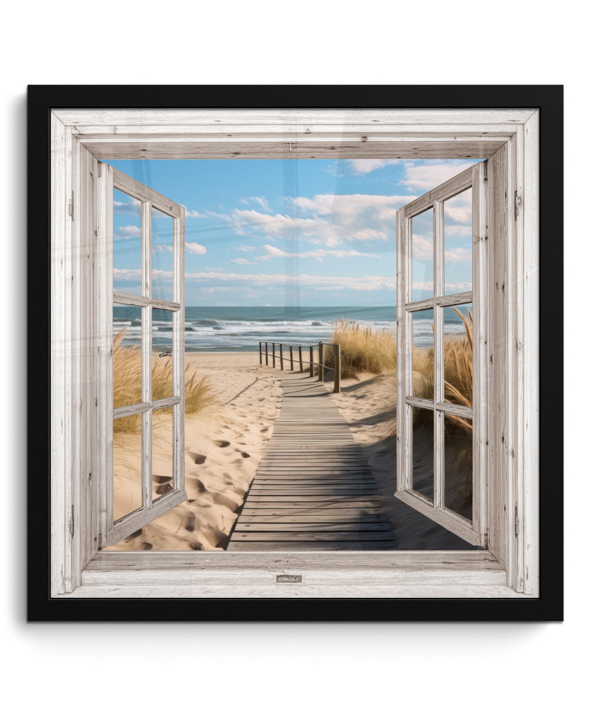 POSTER MIT RAHMEN Fenster - Meer - Küste - Natur - Ausblick - Strand - Wattenmeer 40x40 cm - Beige, Papier (40/40cm) - MuchoWow