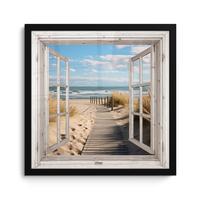 POSTER MIT RAHMENGERAHMTES BILD Fenster - Meer - Küste - Natur - Ausblick - Strand - Wattenmeer 40x40 cm - Beige, Papier (40/40cm) - MuchoWow