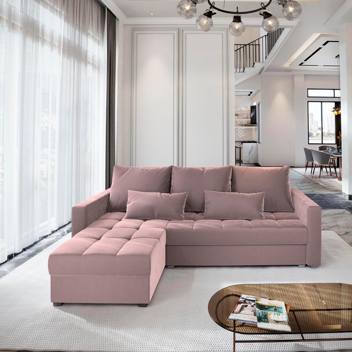 ECKSOFA KOS PIK Rosa Plüsch-Stoff mit Schlaffunktion - Rosa/Grau, Holz/Kunststoff (220/140cm) - MASSENO