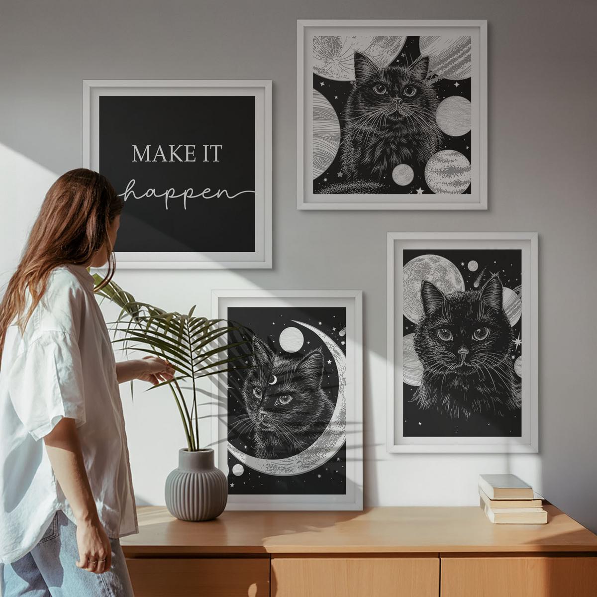 BILDER SET 4er Set - 50x50 cm & 40x60 cm Weißer Rahmen - Schwarze Katzen, Mond, Planet - Weiß, Kunststoff (50/50cm) - TULUP