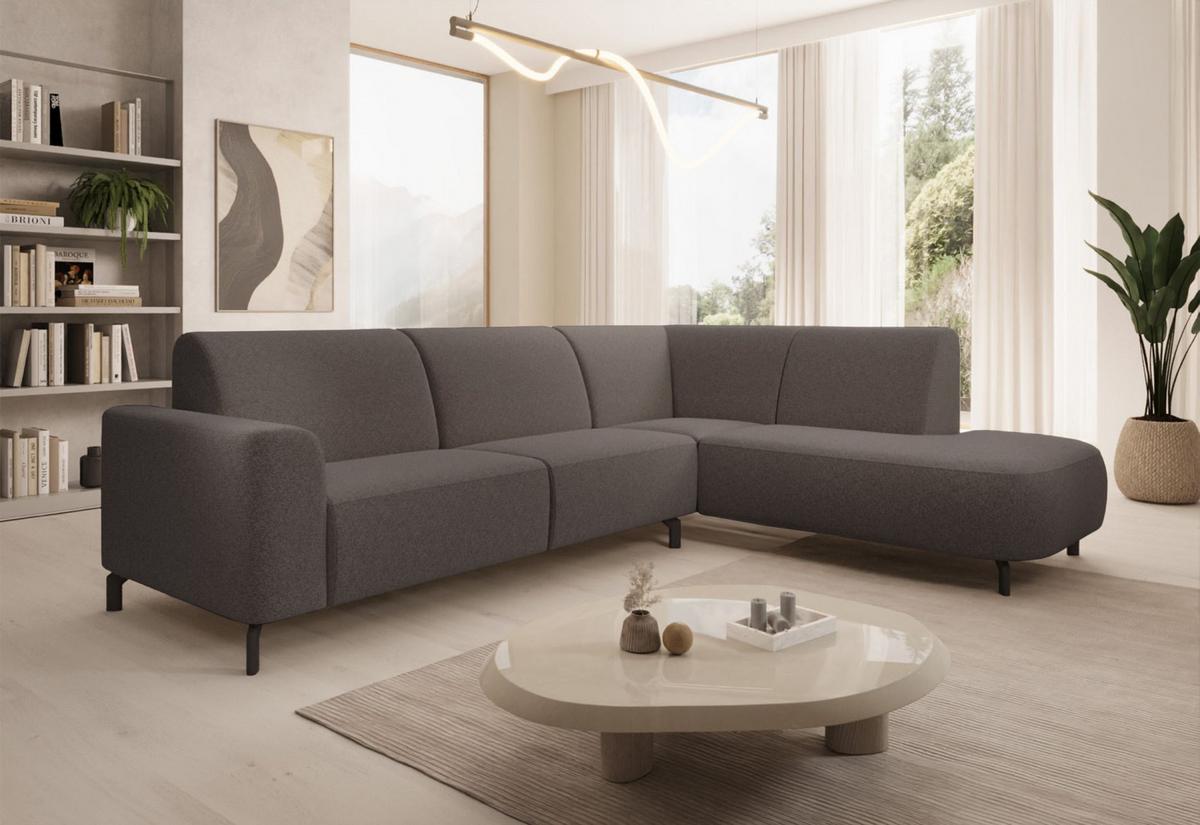 ECKSOFA Lununa Graubraun mit Armlehne, Bouclé, Ottomane rechts - Taupe/Schwarz, Textil/Metall (218/277cm) - Selsey