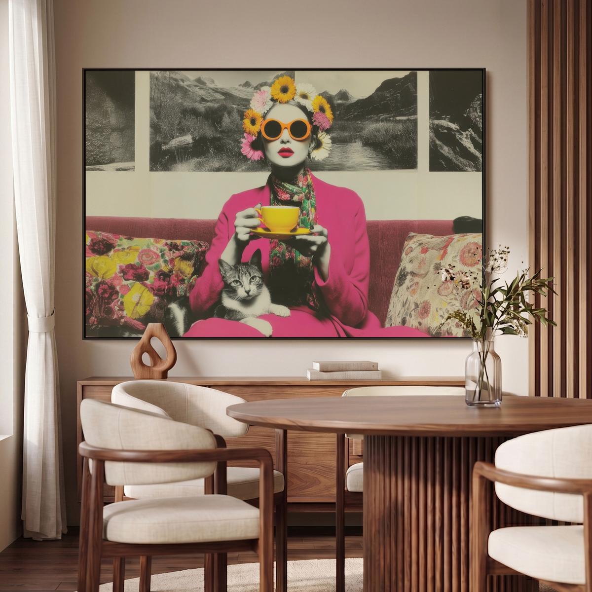 LEINWAND Bilder mit Rahmen - Frau - Katze - Blumen - Tasse - Retro - 140x90 - Magenta, Textil (140/90cm) - MuchoWow