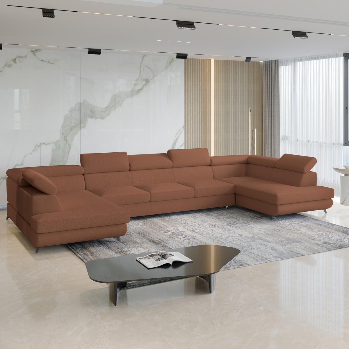 WOHNLANDSCHAFT URMANO Kupferfarben Boucle-Stoff mit Schlaffunktion - Kupferfarben, Holz (395/89/190cm) - MASSENO