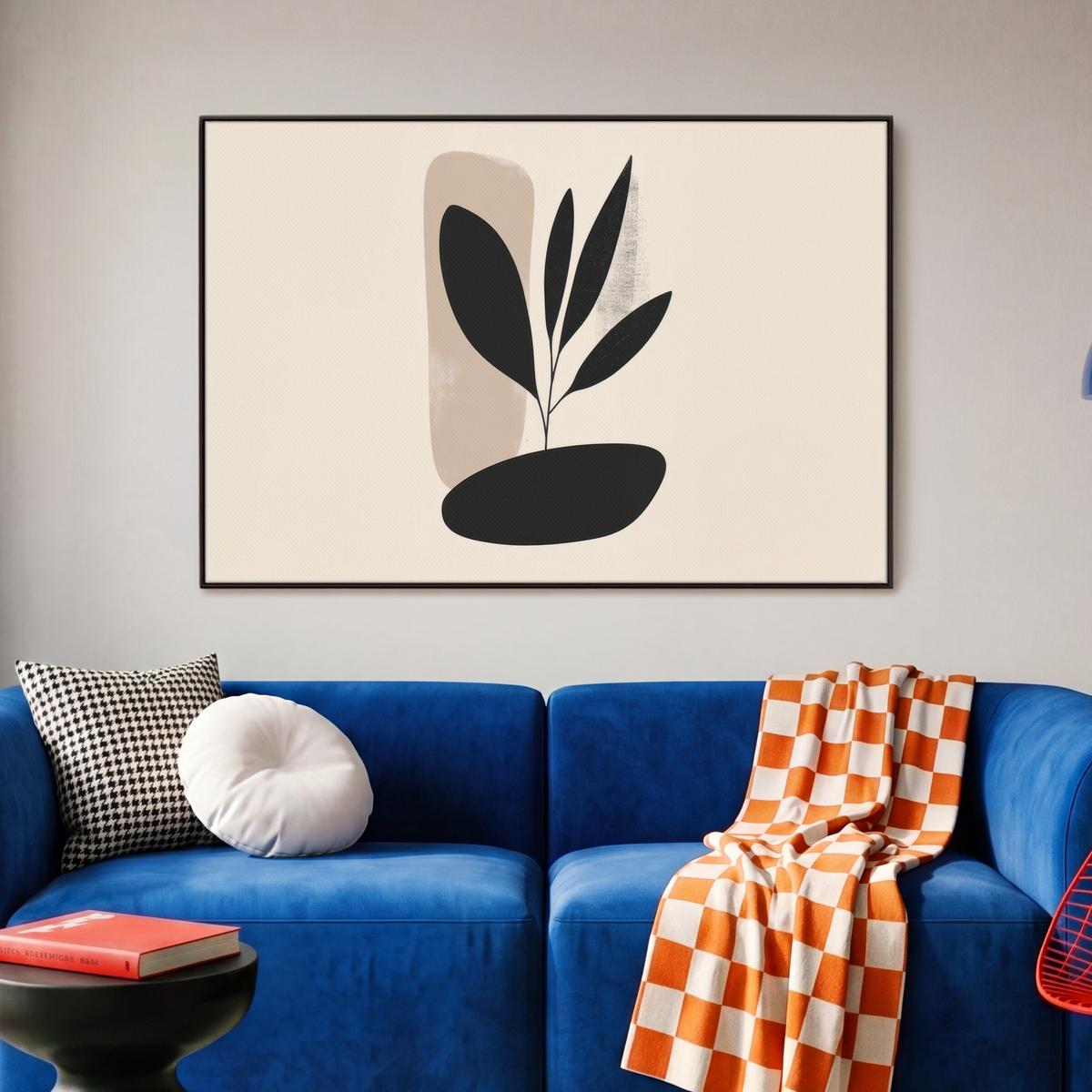 LEINWAND Bilder mit Rahmen - Pflanze - Beige - Japanisch - 90x60 - Schwarz, Textil (90/60cm) - MuchoWow