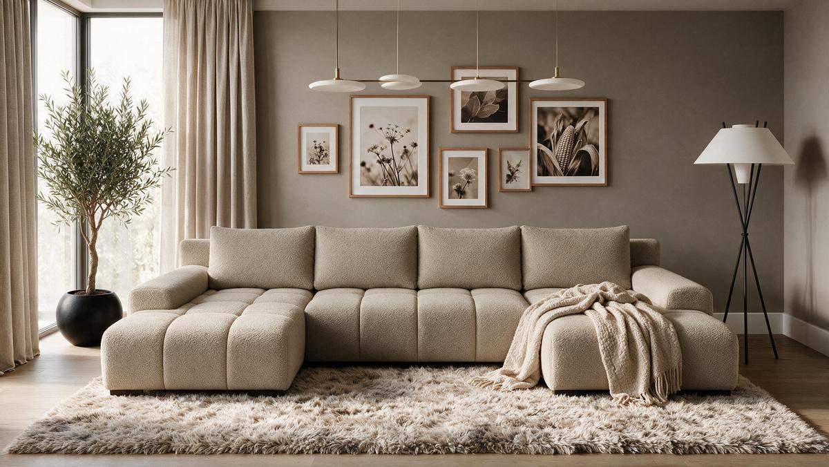 WOHNLANDSCHAFT OVIA U mit Bettkasten und Schlaffunktion, Bouclé-Stoff in U-Form - Cappuccino, Textil (350/80/185cm)