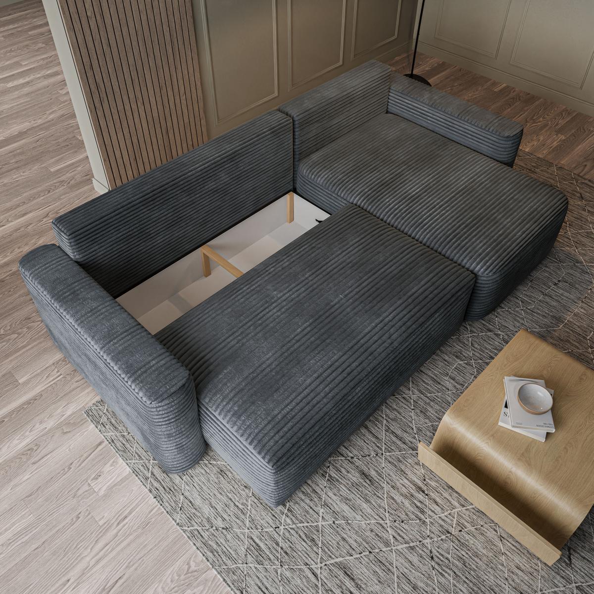ECKSOFA NERI T Grau Kordstoff mit Schlaffunktion - Grau, Holzwerkstoff/Textil (280/157cm) - MASSENO