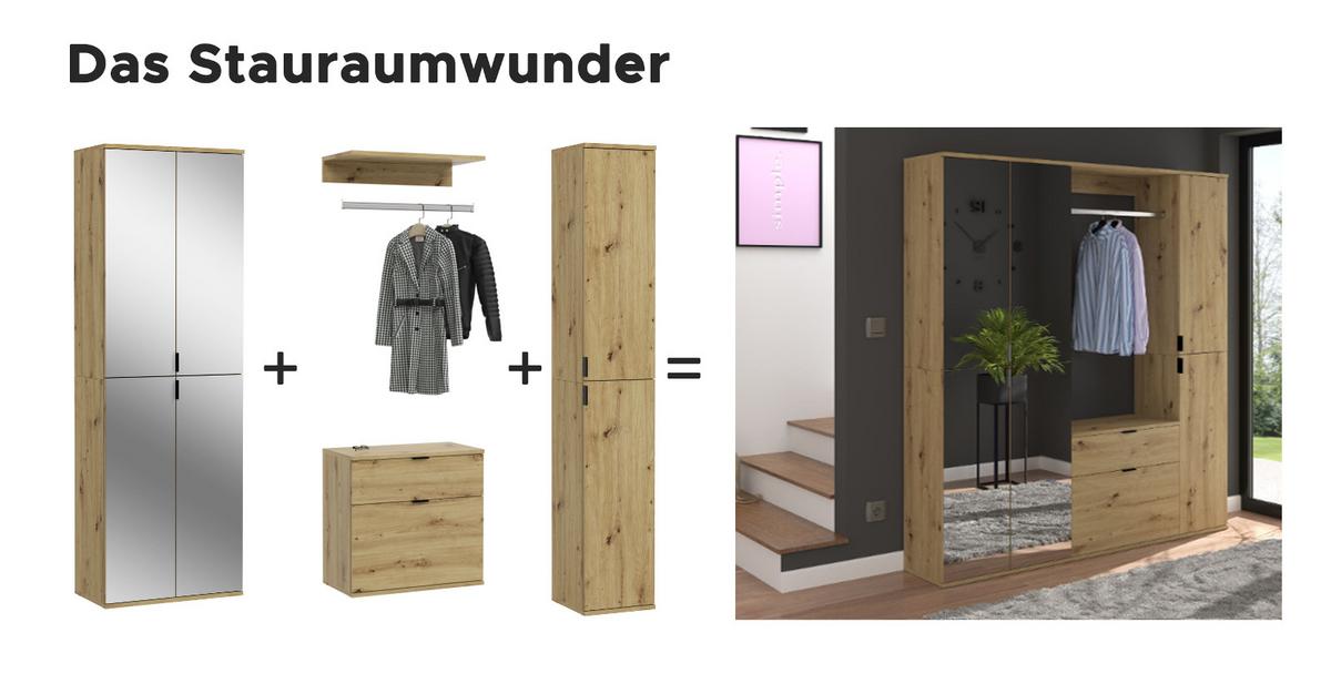 KLEIDERSCHRANK Eiche Artisan 244 cm, Stauraumschrank mit Spiegel - Schwarz/Eiche Artisan, Glas/Holzwerkstoff (244/193/34cm) - Inn.Furn