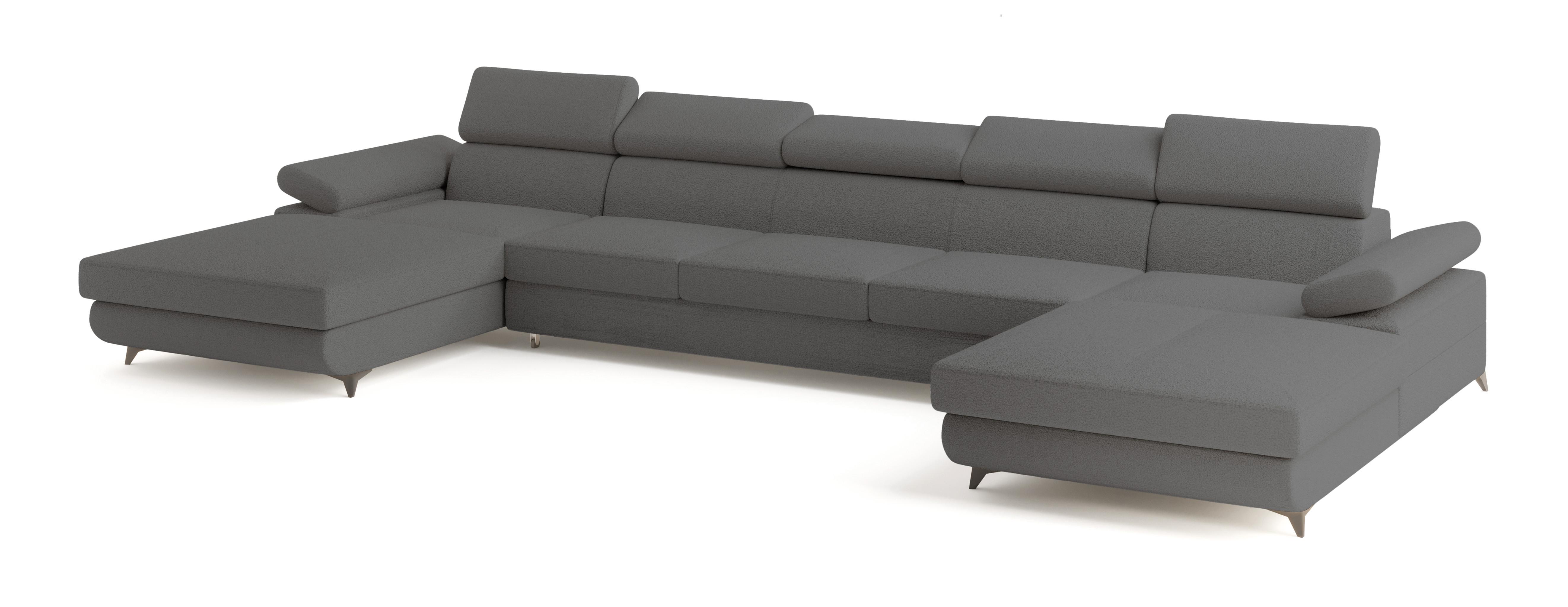 WOHNLANDSCHAFT VIVENTE Grau Boucle-Stoff mit Schlaffunktion - Grau, Holz (410/89/190cm) - MASSENO