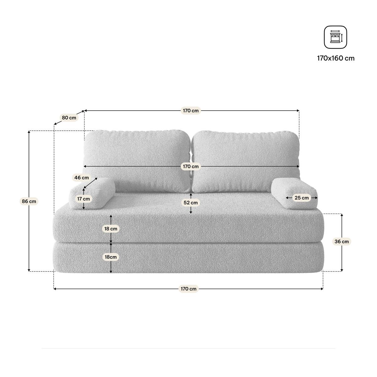 BETTSOFA NIKSI aus Schaumstoff Bucle-Stoff Hellgrau Schlaffunktion - Hellgrau, Textil (170/86/80cm) - MASSENO