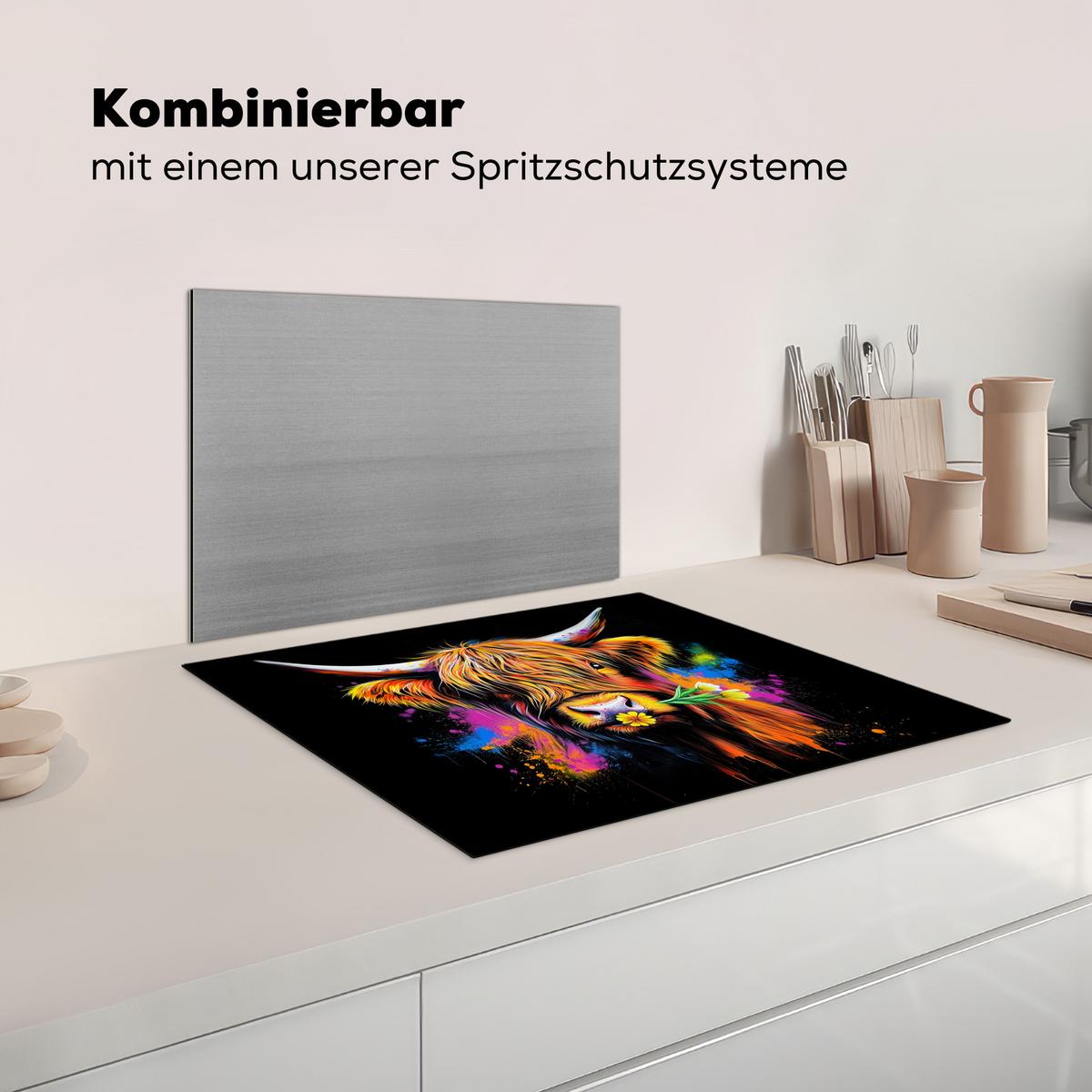 HERDABDECKPLATTE Schottischer Highlander - Graffiti - Bunt - Blume - Tiere Herdabdeckung Induktionsfeld 65x52 cm - Multicolor, Kunststoff (65/52/0.2cm) - MuchoWow