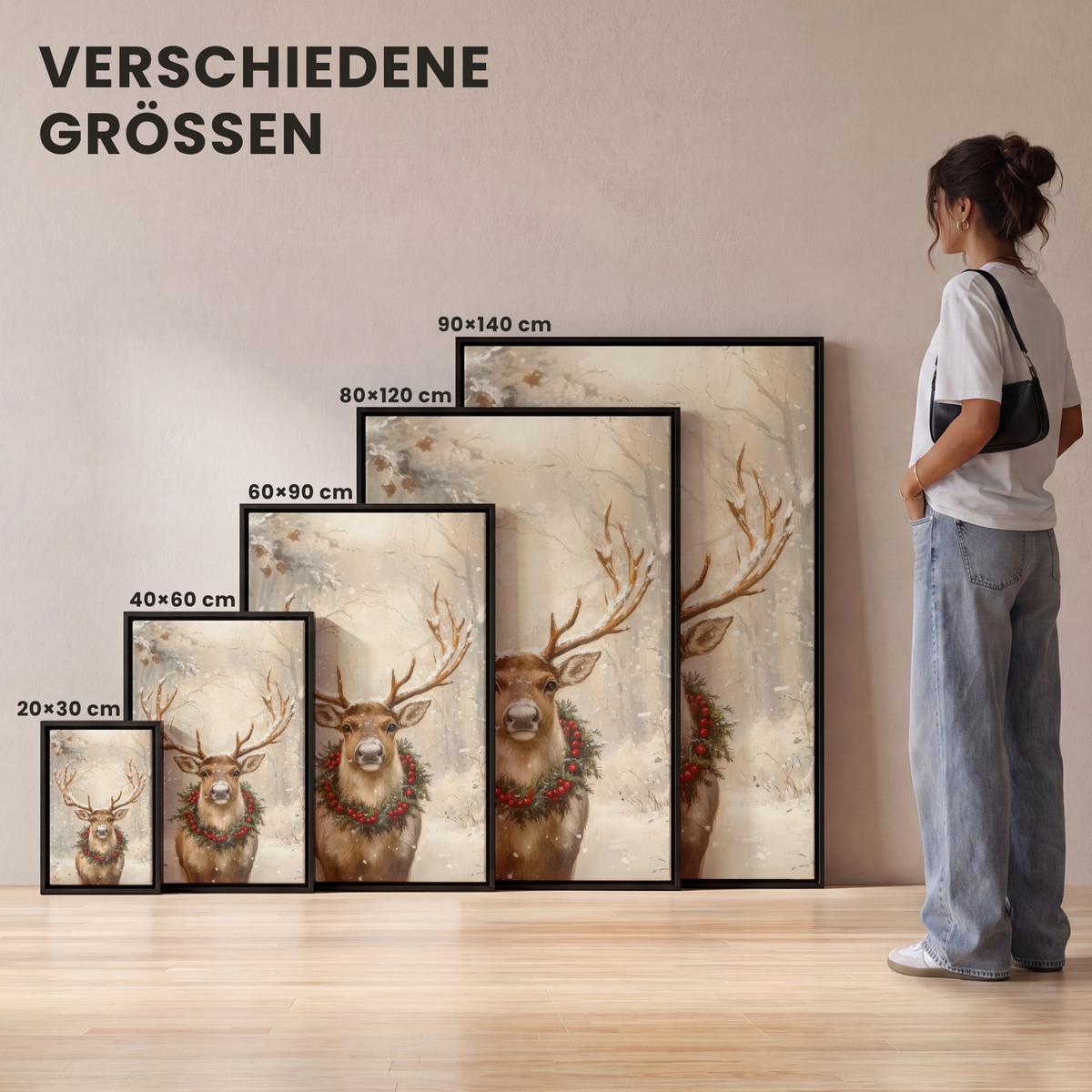LEINWAND Bilder mit Rahmen - Weihnachten - Rentier - Winter - Kranz - 100x150 - Naturfarben, Textil (100/150cm) - MuchoWow