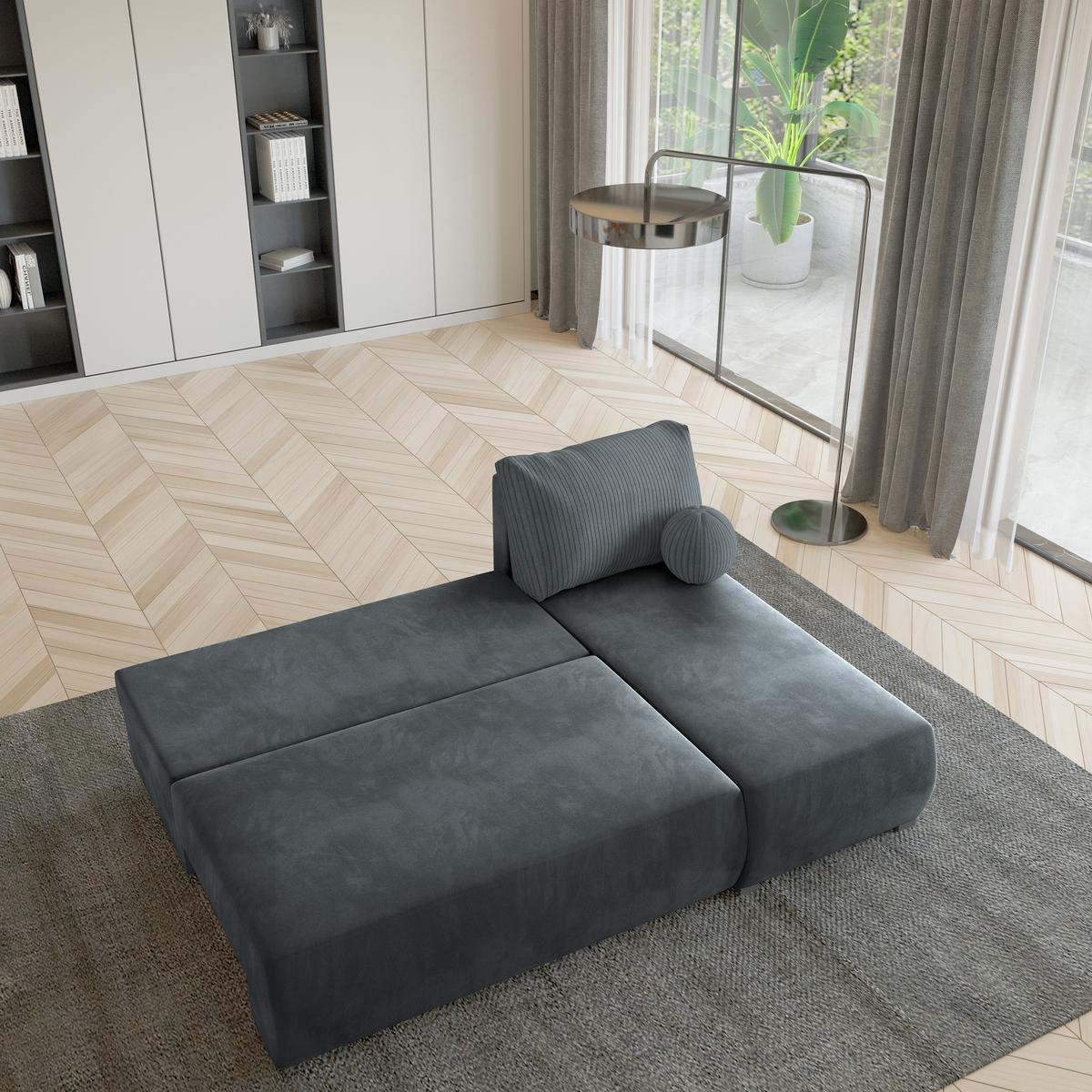 ECKSOFA PARVELO Grau Plüsch-Stoff mit Schlaffunktion - Grau, Holz (200/143cm) - MASSENO