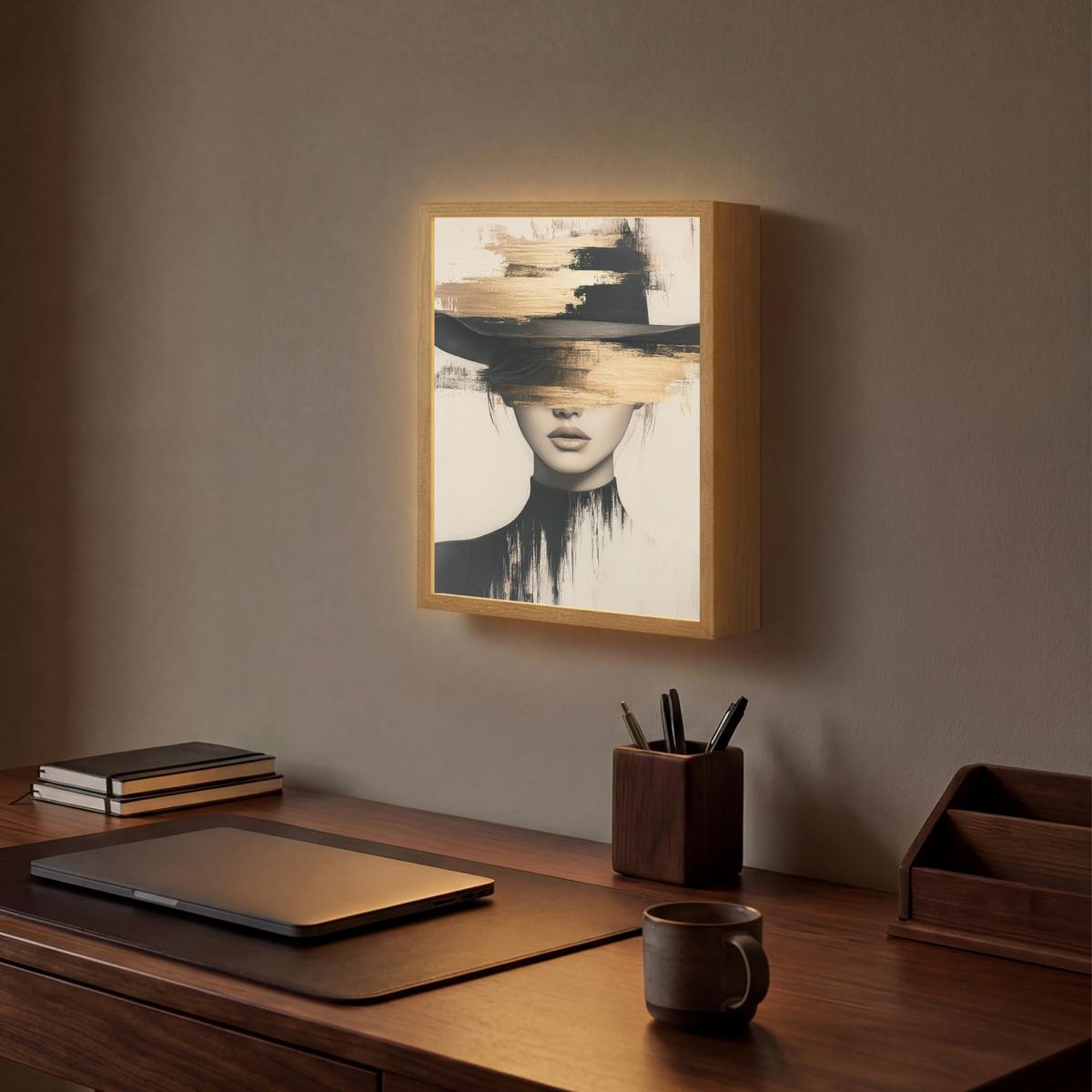 WANDLEUCHTE MIT AKKU Frau - Hut - Farbe 30x40 cm - Creme, Holzwerkstoff (30/40/8cm) - OnlyWow