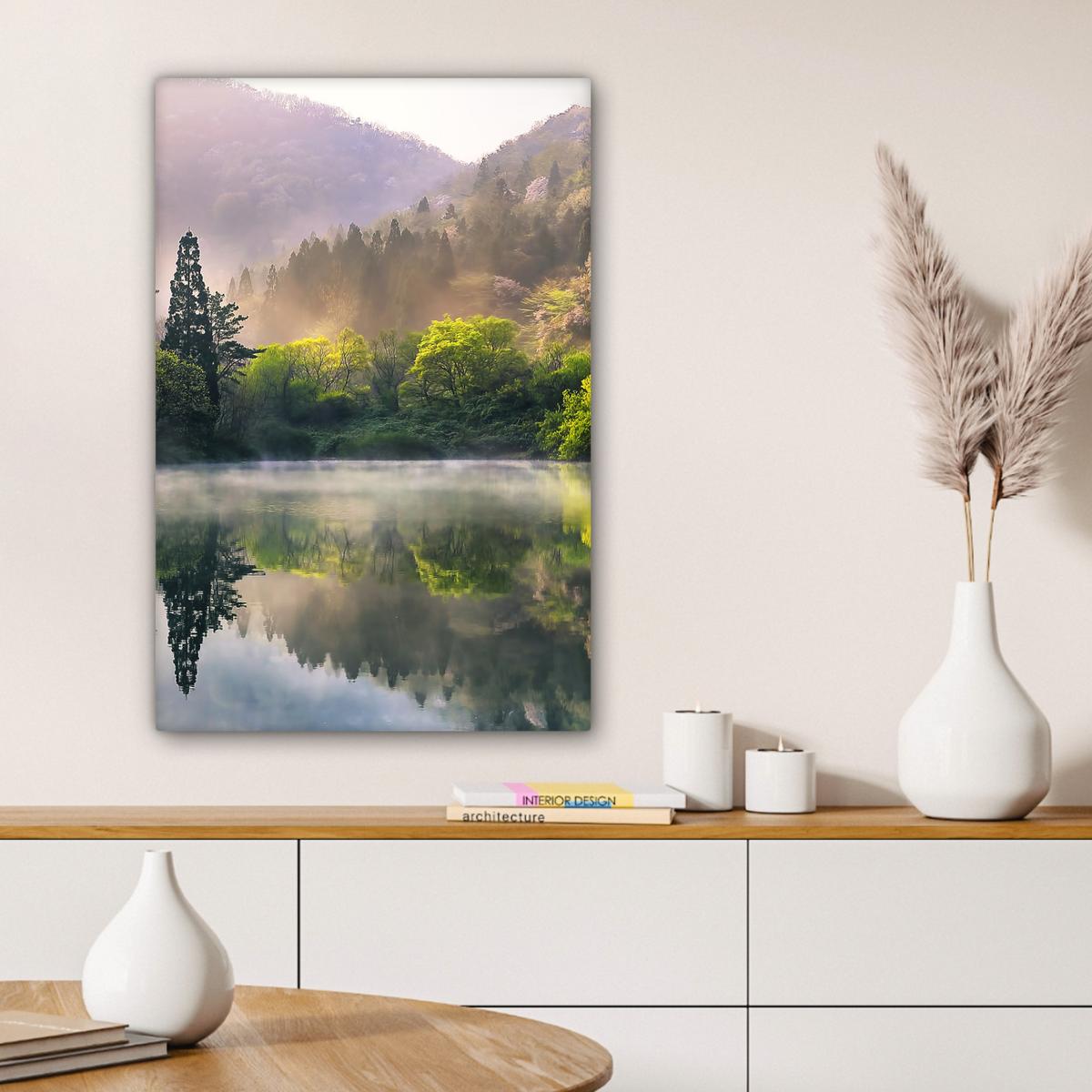 LEINWANDBILD Natur - Bäume - Berge - See - Wasser Wanddeko 40x60 cm - Hellgrün, Textil (40/60cm) - MuchoWow