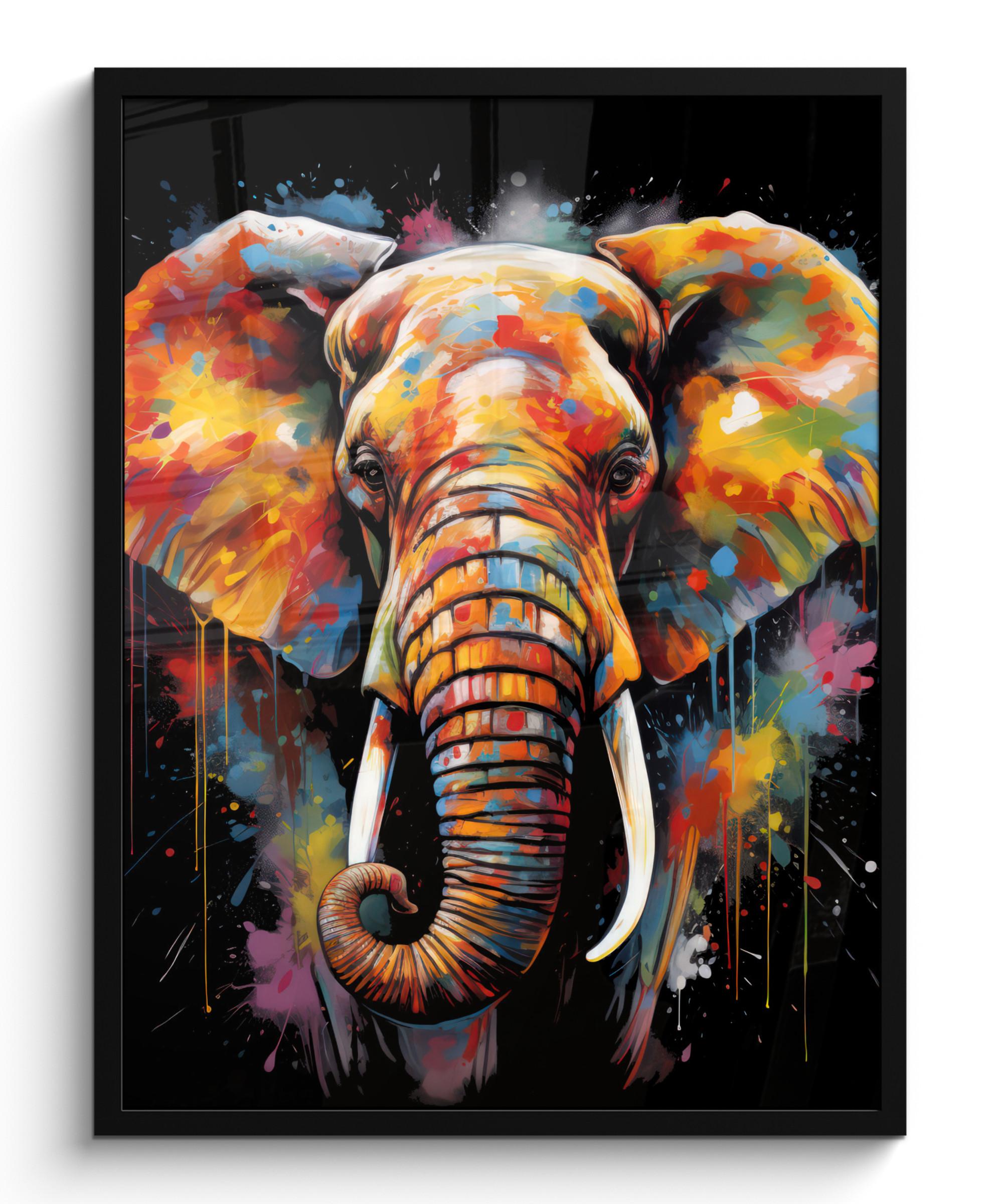 POSTER MIT RAHMEN Elefant - Graffiti - Schwarz - Tiere - Farben Posterleiste 60x80 cm - Schwarz, Papier (60/80cm) - MuchoWow