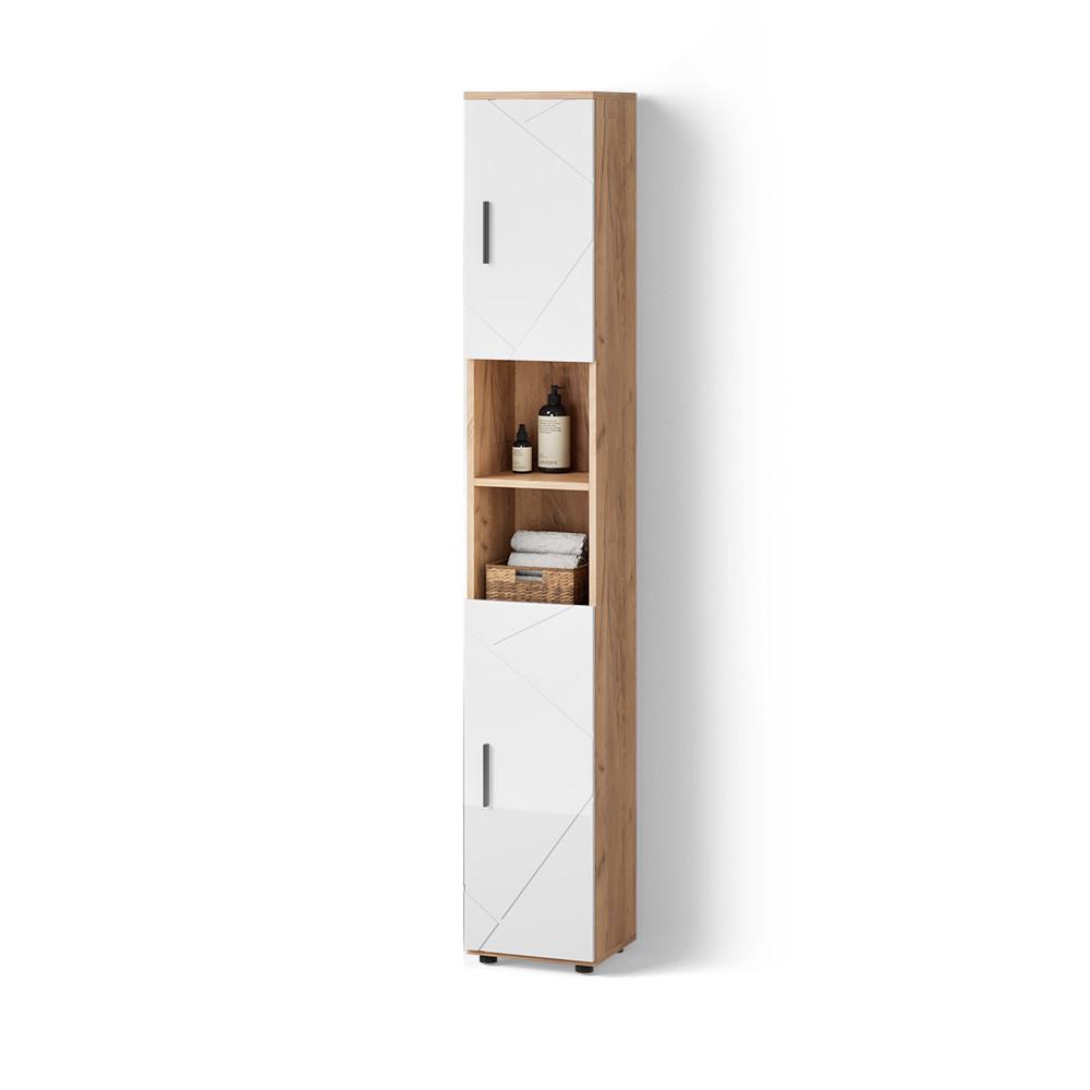 BADSCHRANK Ronco Weiß Hochglanz/Goldkraft Eiche 30 x 192 cm mit Türen, und offenen Fächern - Honigeiche/Weiß Hochglanz, Holzwerkstoff (30/192/30cm) - Livinity®