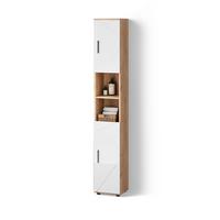 BADSCHRANK Ronco Weiß Hochglanz/Goldkraft Eiche 30 x 192 cm mit Türen, und offenen Fächern - Honigeiche/Weiß Hochglanz, Holzwerkstoff (30/192/30cm) - Livinity®