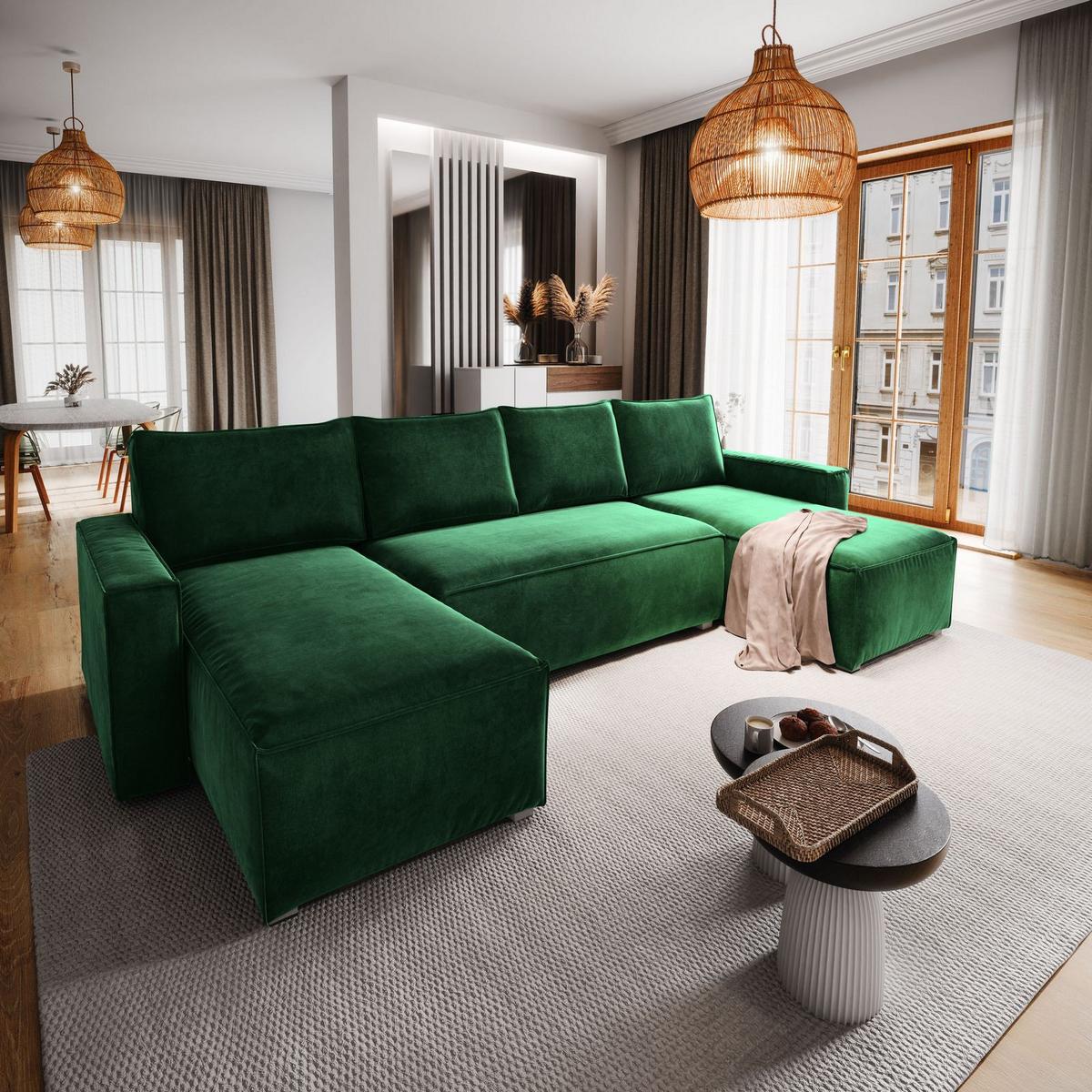 WOHNLANDSCHAFT DENI Grün Velours-Stoff mit Schlaffunktion - Grau/Grün, Holz/Kunststoff (295/85/140cm) - MASSENO